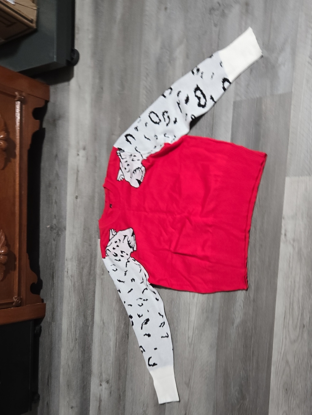 Women's Red Pullover with White Leopard-Print Sleeves